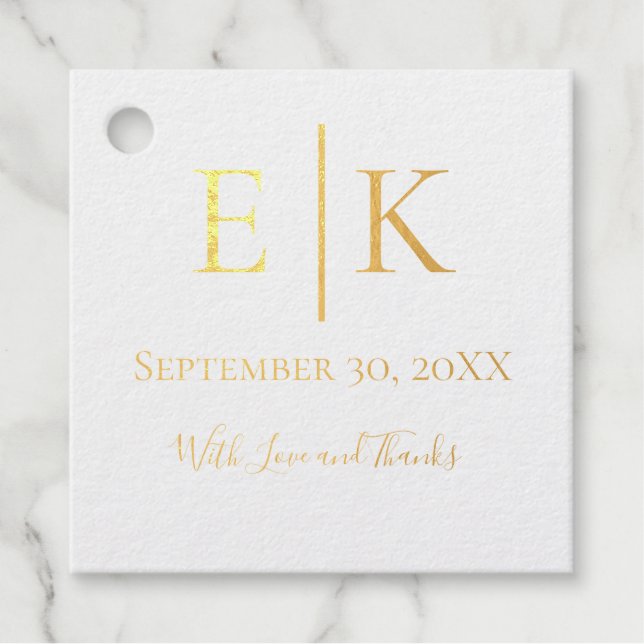 Étiquette-cadeau Initiales de mariage en feuille d'or et d'argent a (Devant)