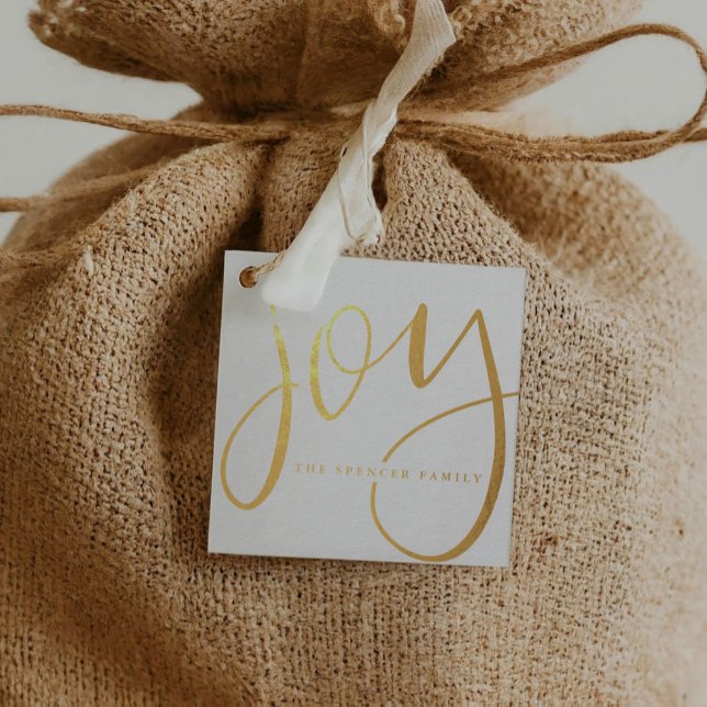 Étiquette-cadeau Joie Lettrée Main Nom personnalisé Or (Gold foil Joy gift tag - hand-lettered and personalized holiday tags)