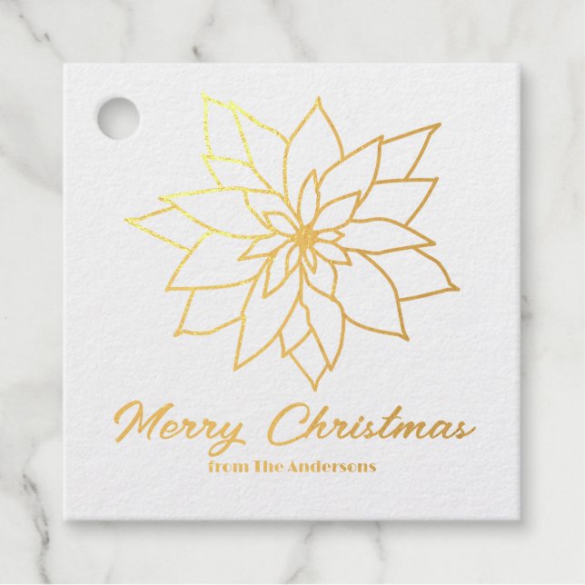 Étiquette-cadeau Joyeuse ligne de Noël Art Poinsettia Custom Gold (Devant)