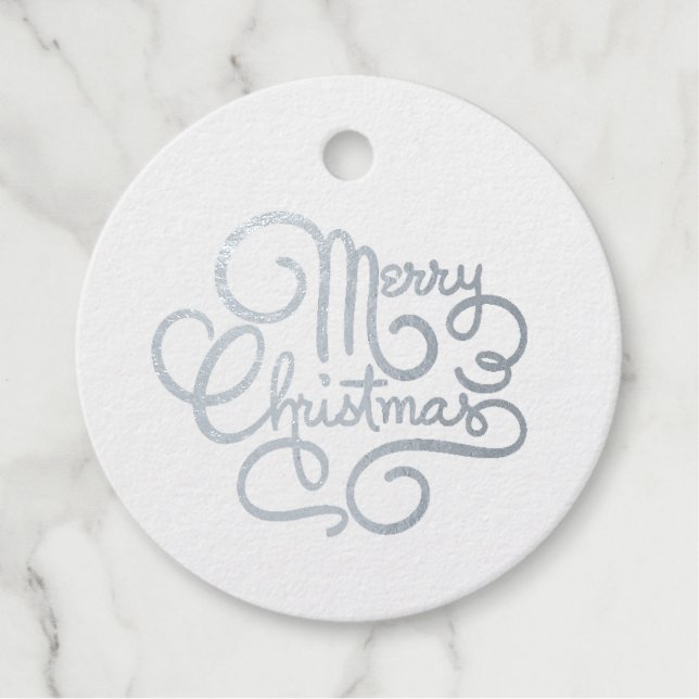 Étiquette-cadeau Joyeux Noël Fancy Police Argent Foil Rond Cadeau (Devant)