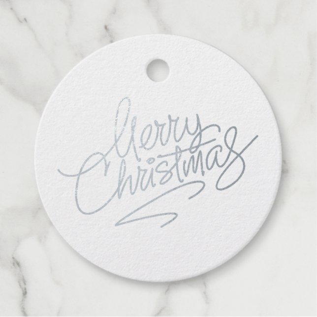 Étiquette-cadeau Joyeux Noël Script Real Silver Foil Round Cadeau (Devant)