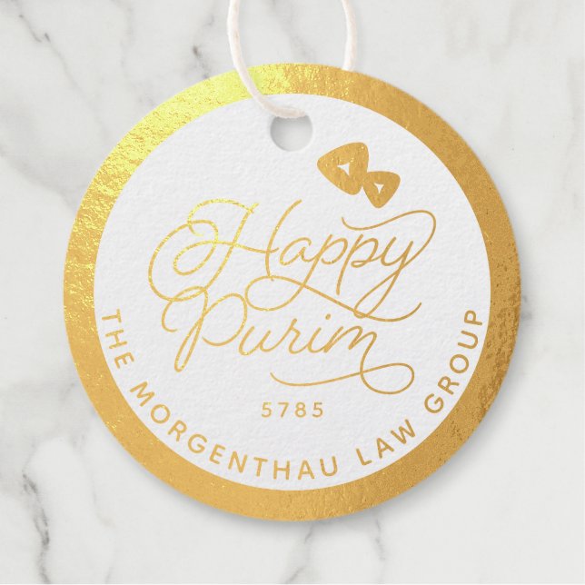Étiquette-cadeau Joyeux Purim VRAI Gold Foil Script (Devant)