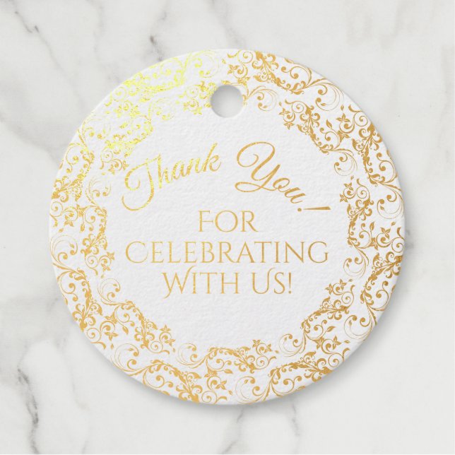 Étiquette-cadeau Lacy Gold Foil Floral Filigree Mariage Merci (Devant)