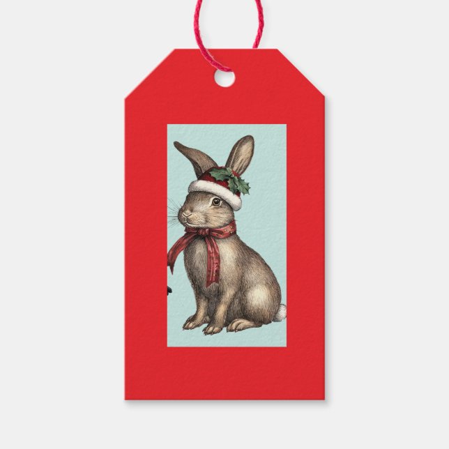 ÉTIQUETTE CADEAU LAPIN AVEC CHAPEAU DE NOËL (Devant)