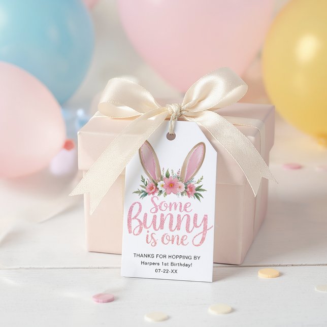 Étiquette Cadeau Lapin Pailleté Rose Fleurie pour  (Party Favor Tag)