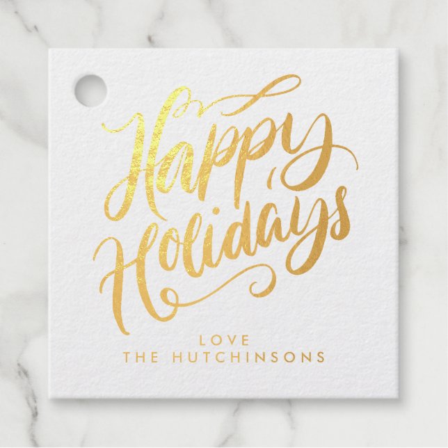 Étiquette-cadeau Lavish Script Happy Holidays Gold Foil Photo Cadea (Devant)