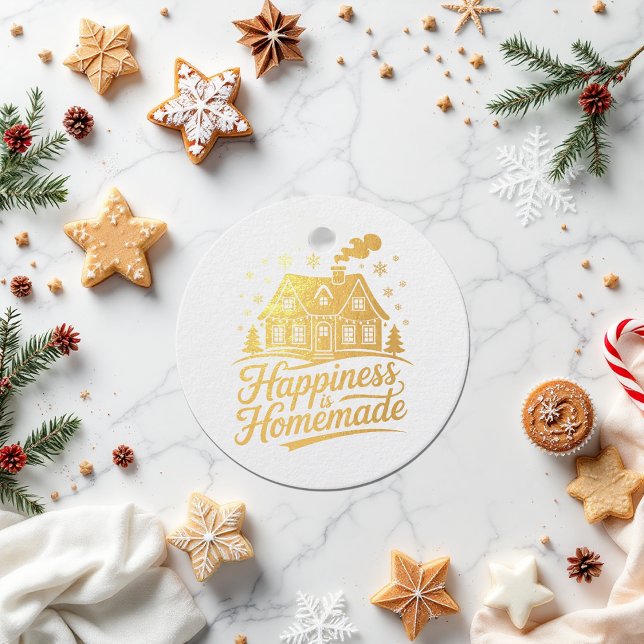 Étiquette-cadeau Le Bonheur Est Fait Maison Noël (Happiness Is Homemade Christmas Holiday Foil Favor Tags)