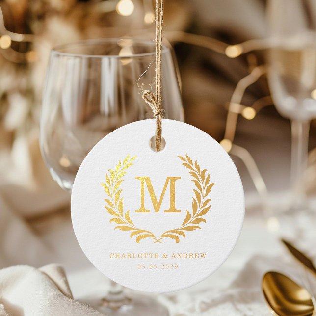 Étiquette-cadeau Mariage au monogramme de crête élégant (Elegant Crest Monogram Wedding Foil Favor Tags)