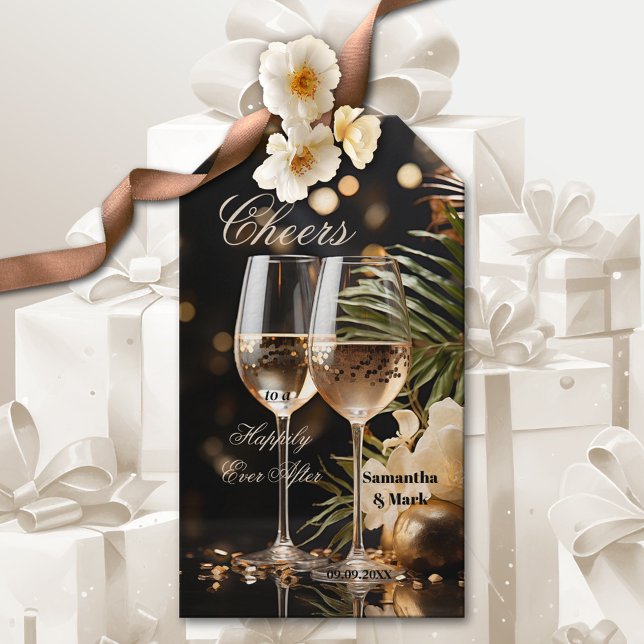 Étiquette cadeau Mariage Festif (Elegant wedding gift tag featuring festive drinks with sparkling lights and flowers - newly weds)