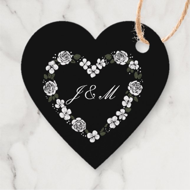Étiquette-cadeau mariage noir et blanc couronne de fleurs (Dos)