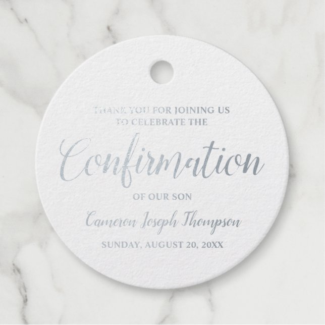 Étiquette-cadeau Merci de confirmation du garçon en argent métalliq (Devant)