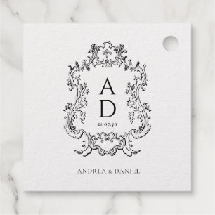 Étiquette-cadeau Monogramme de mariage floral noir et blanc