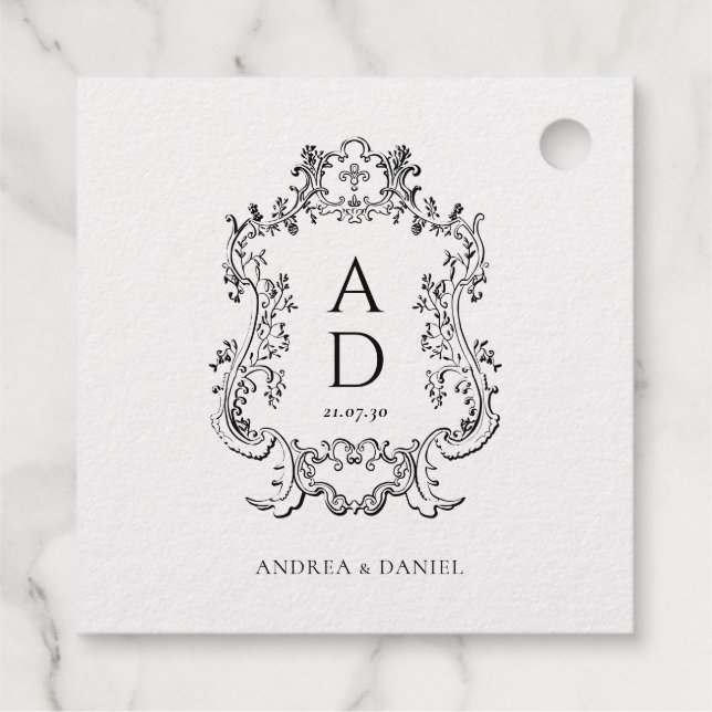 Étiquette-cadeau Monogramme de mariage floral noir et blanc (Dos)