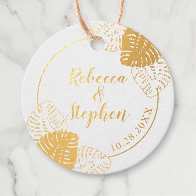 Étiquette-cadeau Monstera Tropical Leaf Frontière VRAI FOIL Round (Devant)