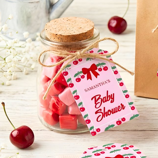 Étiquette Cadeau Naissance Cerise avec Ruban Gingh (Créateur téléchargé)