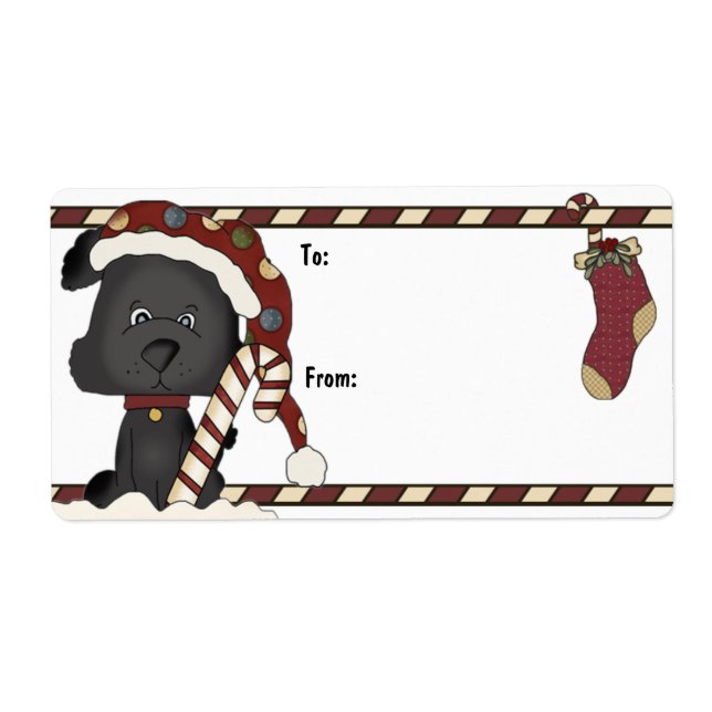 Étiquette Cadeau Noir Chiot Et Noël Stocker (Devant)