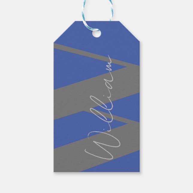 étiquette cadeau Nom du monogramme bleu gris perso (Devant)