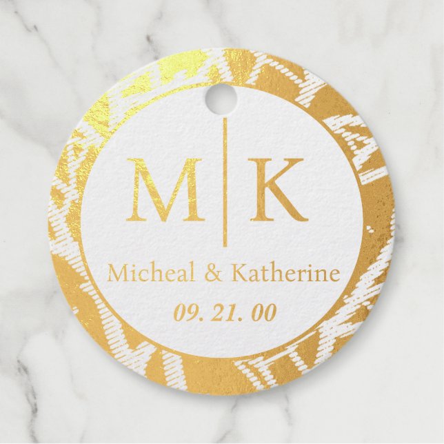 Étiquette-cadeau Nom personnalisé en or, date et initiales monogram (Devant)