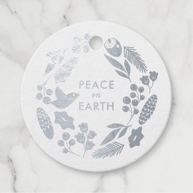 Étiquette-cadeau Oiseaux et fleurs Wreath hiver Silver Foil Noël (Devant)