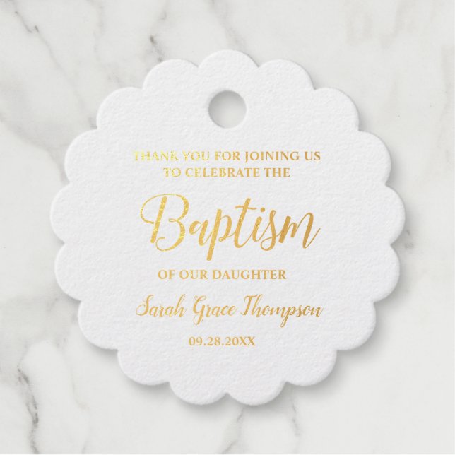 Étiquette-cadeau Or Élégant Baptême Bébé fille Merci (Devant)