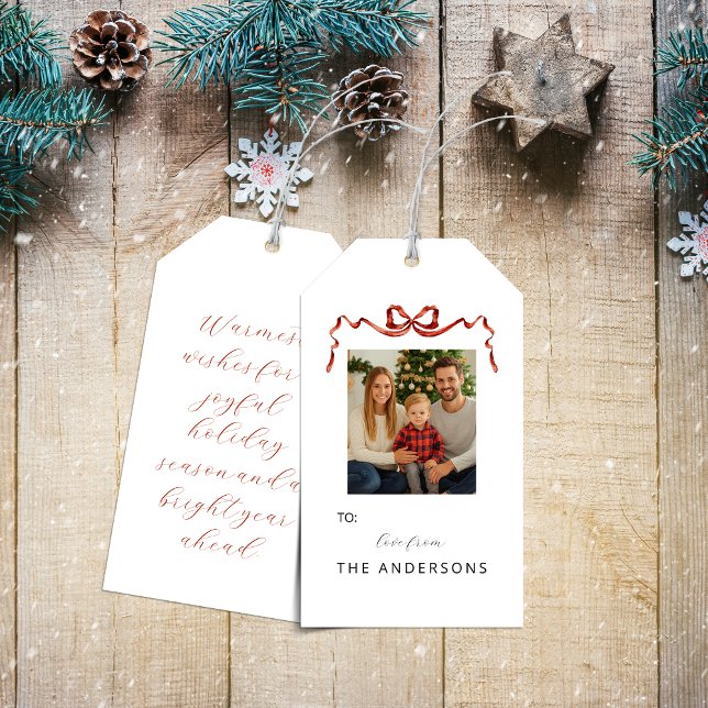 Étiquette cadeau photo de Noël avec ruban rouge (Red ribbon christmas photo gift tags)