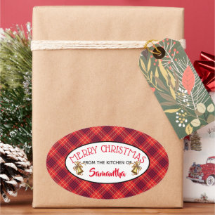 Étiquette Cadeau Plaid Rouge Festif & Cloches