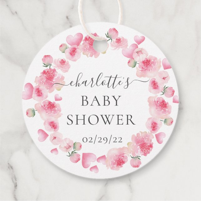 Étiquette cadeau pour baby shower fleurs roses (Dos)