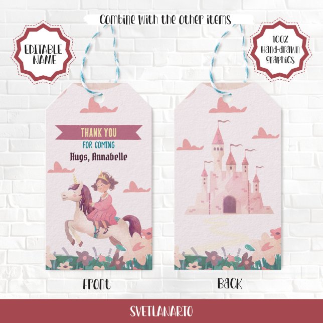 Étiquette cadeau Princess Riding Unicorn Favoriser (Créateur téléchargé)