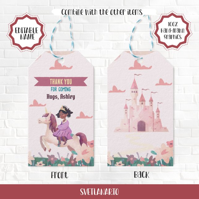 Étiquette cadeau Princess Riding Unicorn Favoriser (Créateur téléchargé)