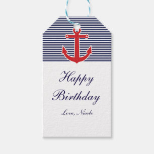 Étiquette cadeau rayée bleu et blanc Red Anchor Na