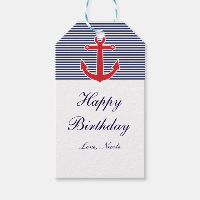 Étiquette cadeau rayée bleu et blanc Red Anchor Na (Devant)