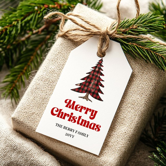 Étiquette cadeau tartan rouge noir classique nom p (Classic red black tartan gift tag custom name

)