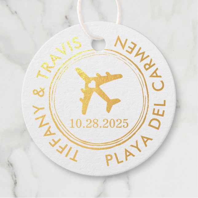 Étiquette-cadeau Thème Voyage Timbre Passeport VRAI FOIL (Devant)