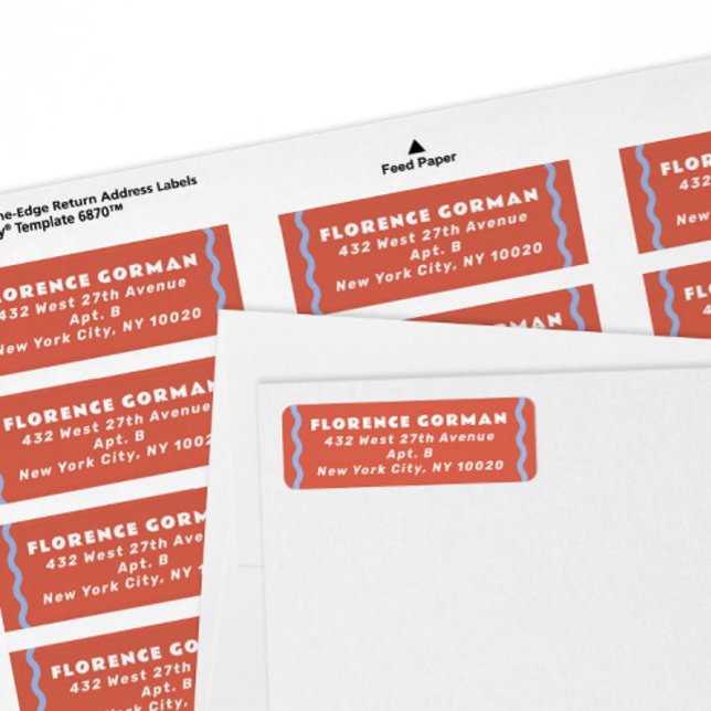 Étiquette Cadre de corail et de bleu français (trendy wavy periwinkle blue line and coral red modern return address labels by the sheet)