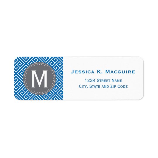 Étiquette Cadre gris grec bleu de monogramme de motif princi