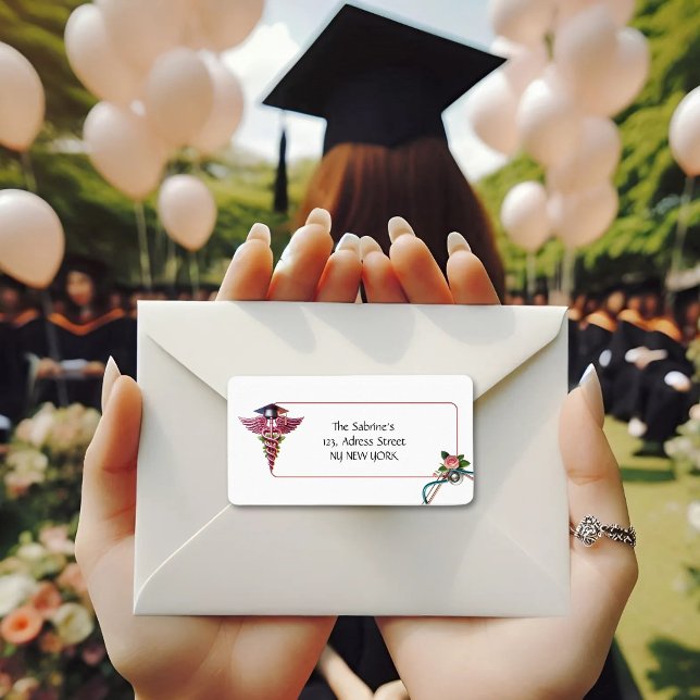 Étiquette Caduceus rose Stethoscope Infirmière Adresse de gr (Créateur téléchargé)