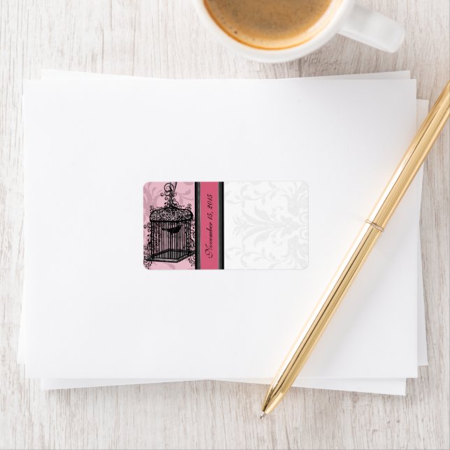 Étiquette Cage Vintage Rose & Noir Damas Points (En situation)