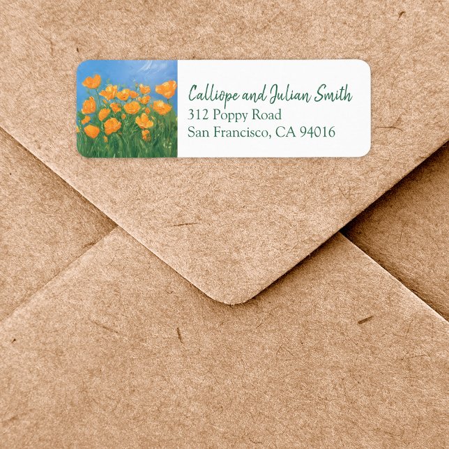 Étiquette California Poppy Field Painting Adresse de retour (Add a bright pop of color with these california poppy flower field return address labels.)