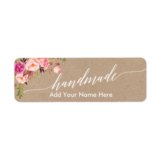Étiquette Calligraphie artisanale rose Floral Kraft Petit (Devant)