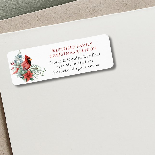 Étiquette Cardinal de la Réunion de Noël Adresse de retour (Christmas Family Reunion Red Cardinal Party Invitation Return Address Label)