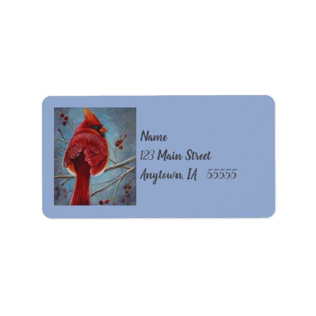 Étiquette Cardinal du Nord Baies d'oiseaux rouges Aquarelle  (Devant)