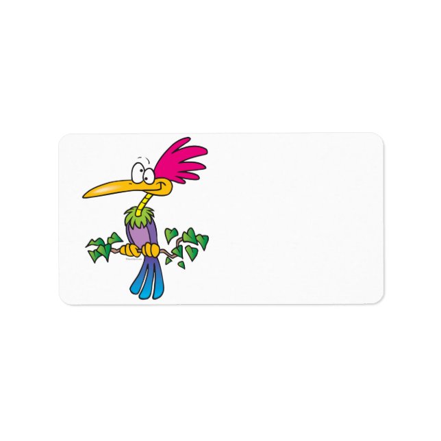 Étiquette caricature d'oiseau exotique extravagant (Devant)