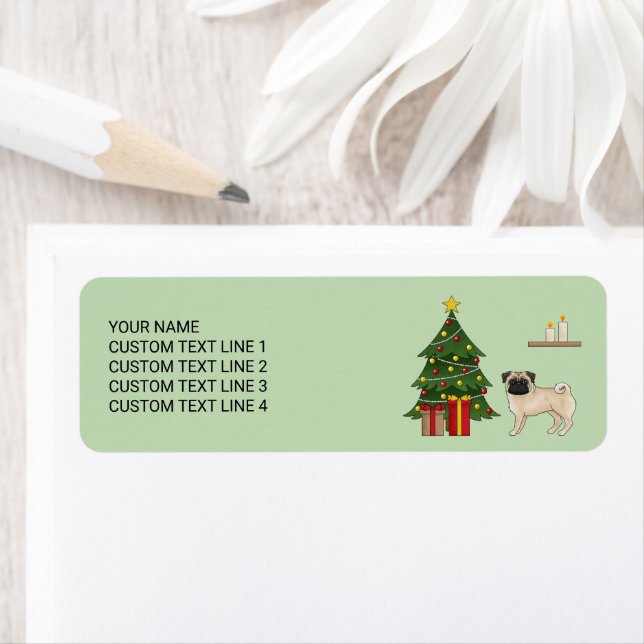 Étiquette Carlin Faune Mignonne Caricature Chien Avec Arbre  (En situation)