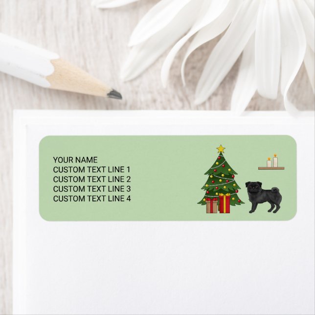 Étiquette Carlin Noir Joli Chien De Caricature Avec Arbre De (En situation)