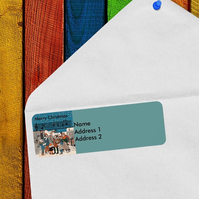 Étiquette Caroleurs de Noël Vintage Musical (Merry Christmas old time carolers and musicians on Street corner on return address label.)