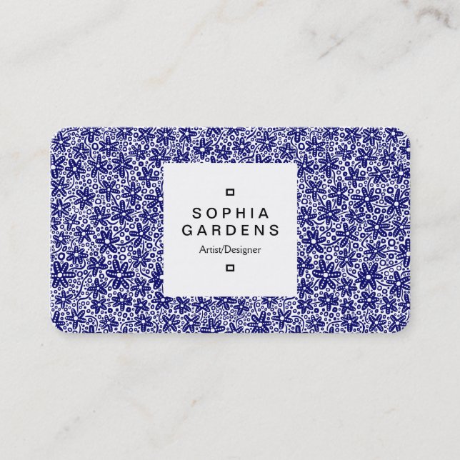 Étiquette carré 03a - Motif à fleurs - Dk Blue sur (Devant)