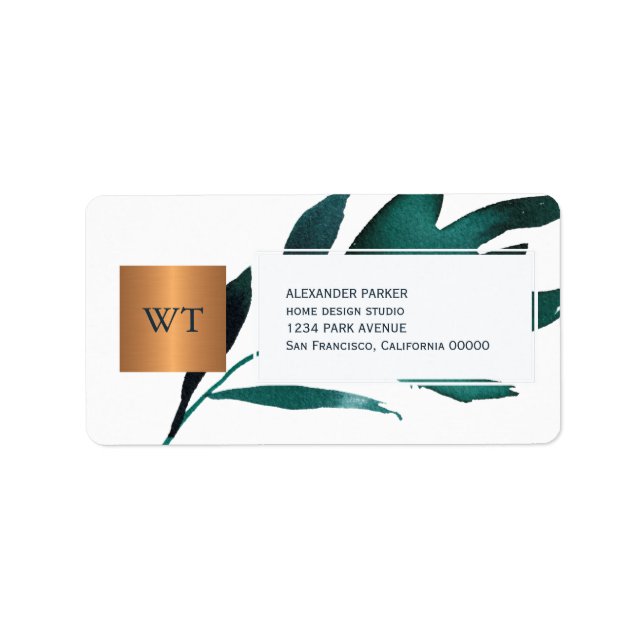 Étiquette Carré en cuivre métallique du feuillage bleu marin (Devant)