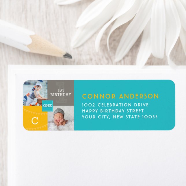 Étiquette Carré moderne Croquis UN garçon Photo fête d'anniv (En situation)