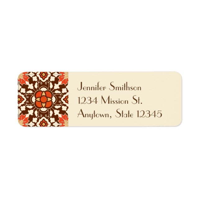 Étiquette Carreau marocain floral, marron, rouille et beige (Devant)