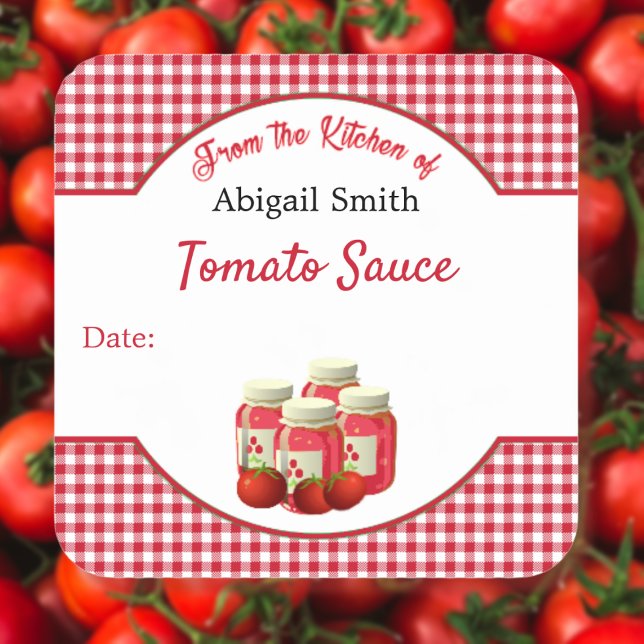 Étiquette Carrée Gingham et Tomates en Conserve (Créateur téléchargé)
